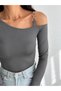 Women's Gray Single Shoulder Ringed Long Sleeve Diver Fabric Crop Blouse - 3