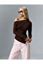 Women's Brown Ecru Contrast Piping One-Shoulder Asymmetrical Long Sleeve Viscose Ribbed Blouse
