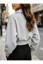 Women's Gray Asymmetrical Buttoned Polo Collar Sweatshirt – Oversize Long Sleeve - 3