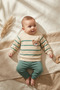 Baby Teddy Embroidered Striped Sweatshirt and Green Bottom Sweatpants Set - 100% Cotton, Soft Textured Fabric