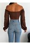 Women's Bitter Brown Square Collar Striped Long Balloon Sleeve Diver Fabric Crop Blouse - 4