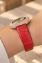 Swiss Women's Wristwatch Rose Gold Color Steel 33mm with Crystal Stones Red Real Leather Strap Dial - 2