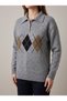 Women's Gray Color Polo Collar Diamond Pattern Knitwear Sweater - 4