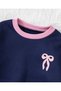 Girl's Navy Blue Pink Ribbed Ribbon Printed Crew Neck Sweatshirt - Waist Pink Ribbed Detailed Wide Leg Navy Blue Sweatpants Set - 3