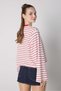 Women's Red Crop Wide Sleeve Oversize Basic Striped T-Shirt 32077 - 2