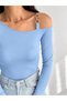 Women's Baby Blue Single Shoulder Ringed Long Sleeve Diver Fabric Crop Blouse - 3