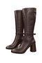 Genuine Leather Buckle Detailed Round Thick Heeled Boots - 5