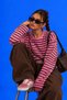 Women's Pink Green Coffee Striped Crew Neck Oversize Longsleeve Sweatshirt - 3