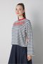 Women's Navy Blue Crop Wide Sleeve Oversize Printed Striped Sweatshirt 32078