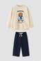 Boy's 3-Yarn Cotton Teddy Bear Printed Sweatshirt and Striped Bottom Top Set - 2
