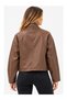 Women's Brown Leather Look Metal Clasp Stand Collar Short Jacket - 5
