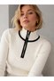 Women's Stand Collar Half Zipper Ribbed Cotton Knitwear Sweater with Piping Detail 12533 - 2