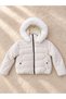 Special Production Nova Fabric Crop Girls' Furry Hooded Puffer Coat Ecru Zippered Winter Padded Coat - 2