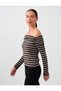 Black Bardot Collar Stripe Patterned Soft Touch Blouse - 4
