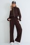 Women's Brown Stand Collar Zippered Jacket and Double Pocket Tie-Up Trousers Set Alc-X15934 - 3