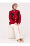 Women's Diamond Patterned 7-Button Crew Neck Long Sleeve Bearded Shawl Collar Knitwear Jacket-Red - 3