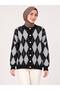 Women's Crew Neck 7-Button Diamond Patterned Bearded Furry Knitwear Cardigan-Black - 2