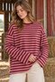 Women's Pink Burgundy Striped Oversize Crew Neck Long Sleeve T-Shirt - 4
