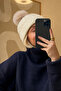 Pompom Detailed Hair Braid Patterned Knitted Beanie White - 2