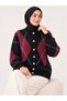 Women's Diamond Patterned 7-Button Crew Neck Long Sleeve Bearded Shawl Collar Knitwear Jacket-Bordo - 4