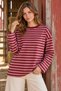 Women's Pink Burgundy Striped Oversize Crew Neck Long Sleeve T-Shirt - 2