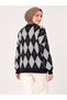 Women's Crew Neck 7-Button Diamond Patterned Bearded Furry Knitwear Cardigan-Black - 4