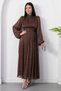 High Collar Stoned Long Sleeve Chiffon Dress Grs4206
