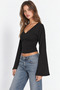 Women's Black V-Neck Off Shoulder Spanish Sleeve Crop Blouse - 2