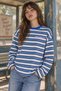 Women's Navy Blue Black Striped Long Sleeve Oversize T-Shirt with Crew Neck - 4