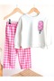 Checkerboard Patterned Denim Trousers, Ice Cream Printed Sweatshirt Girls' Top and Bottom Set (Comfortable and Stylish) - 3