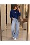 Women's Soft Textured Front Stitching Detailed Crew Neck Loose Long Sleeve Knitwear Sweater - 3