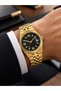 Men's Wristwatch Gold Color Stainless Steel Case and Band Black Honeycomb Pattern Dial Quartz Movement with Calendar - 2