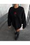 Marchè Bien Women's Oversize Hooded Pocket Rose Printed 3 Thread Cotton Hoodie Sweatshirt - Black - 2