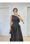 Marchè Bien Women's Crepe Long Dress with Wing Back and Front Pleated Detail - Black