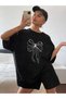 Women's Bowknot Printed T-Shirt Short Sleeve Crew Neck Oversized T-Shirt - Black - 7