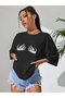 Women's Printed T-Shirt Short Sleeve Crew Neck Oversize Comfortable Fit T-Shirt - Black - 2