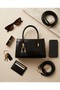 Black Patent Leather Look Women's Handbag and Crossbody Mini Bag with Gold Detailed Zipper - 3