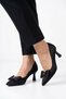 Nurel front bow buckle women's low heeled stiletto black satin - 5