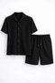 Marchè Bien Men's Waffle Fabric Short Sleeve Shirt Shorts Set Regular Summer Two-Piece Set - Black - 2