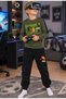 Boys Basketball Printed Long Sleeve Khaki Sweatshirt and Black Long Bottom Pajama Set - 2