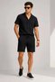 Marchè Bien Men's 2-Piece Crepe Fabric Pocket Shirt Shorts Set Short Sleeve Lace-Up - Black & Smoked - 4