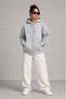 Women's 3 Thread Yarn Hooded Sweatshirt with Full Zipper and Back Bag Detail - Gray - 3
