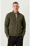 Men's 3-Thread Cotton Long Sleeve Half-Zip Collared Sweatshirt - - Khaki