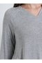 Grey V Neck Long Sleeve Oversized T-Shirt - 4