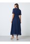Navy Blue Tie-Up Waist Pleated A-Line Maxi Dress - 4