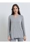 Grey V Neck Long Sleeve Oversized T-Shirt - 3