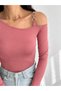 Women's Dusty Rose Single Shoulder Ringed Long Sleeve Diver Fabric Crop Blouse - 4