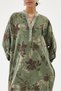 Khaki Italian 100% Cotton Velvet Half-Button Floral Patterned Long Velvet Dress 60 - 46 Size - 2