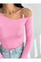 Women's Candy Pink Single Shoulder Ringed Long Sleeve Diver Fabric Crop Blouse - 3