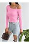Women's Candy Pink Single Shoulder Ringed Long Sleeve Diver Fabric Crop Blouse - 4